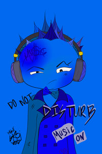 Vibrant blue art print featuring a portrait of DJ Blue from Mini Gabi World, with the bold quote 'Do Not Disturb, Music On,' capturing the character's passion for music and individuality.